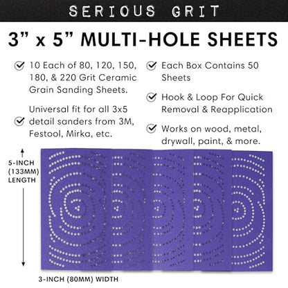 Serious Grit - 3x5 Ceramic Sanding Sheets - P80-220 Assortment - 50 Pack - style: Mixed Grit