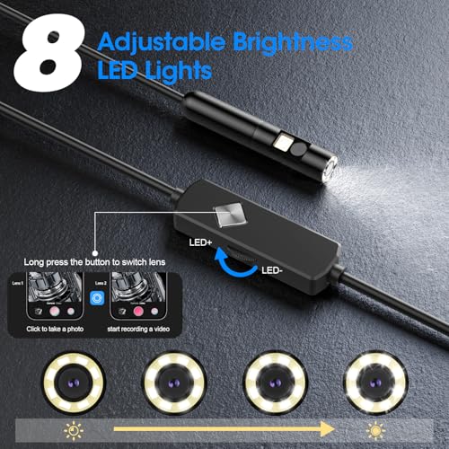 Endoscope with Light, 1920P HD Borescope with 8 Adjustable LED Lights, Semi-Rigid Snake Camera, IP67 Waterproof Inspection Tool (16.4ft, Black + Dual Lens Wiring Harness) - size: 16.4ft