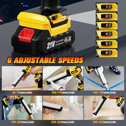 Electric Caulking Gun, Cordless Caulking Gun with 2x 2000mAh Batteries, 13Pcs Silicone Caulking Tools, 6 Adjustable Speeds, LED Light, Battery Powered Caulking Gun for Filling, Sealing