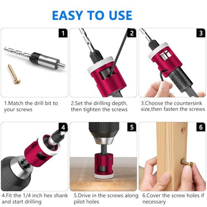 BURMONG 5-Piece Countersink Drill Bit Set with Adjustable Depth Stop, 1/4" Hex Shank Quick Change Drilling Tool Kit, 82° Woodworking Chamfer Bits for Wood, Plywood, MDF, Plastic - style: With Adjustable Depth Stop