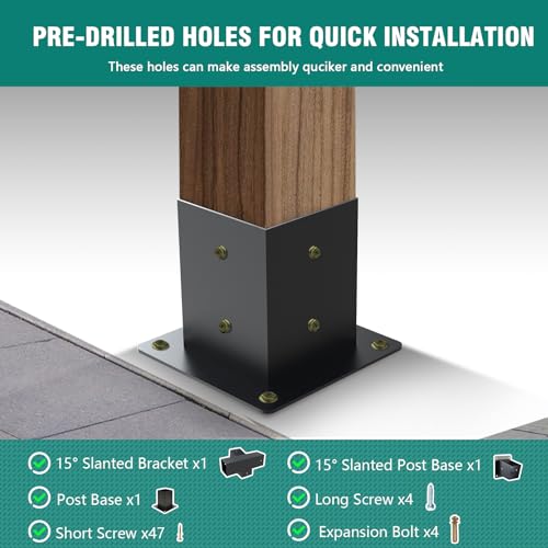 4-Way Brackets with Post Base 3 Pcs Pergola Brackets Kit for 4x4 - size: 1P 15° 4-Way Bracket + 1P 15° Base + 1P Base
