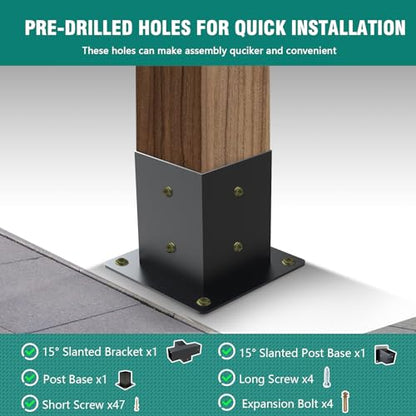 4-Way Brackets with Post Base 3 Pcs Pergola Brackets Kit for 4x4 - size: 1P 15° 4-Way Bracket + 1P 15° Base + 1P Base