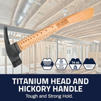 Boss Hammer 14 oz Ti64 Titanium Hammer, Tennessee Hickory Handle - size: 14 oz., style: Smooth Face