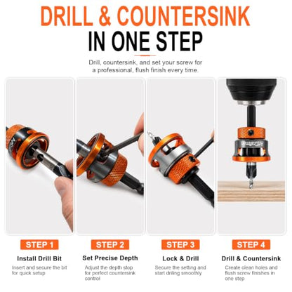 12 PCS Wood Countersink Drill Bits, M2 High Speed Steel 4-Flute Pilot Bits, Depth Stop & L-Wrench, Precision Kit for Wood, Plastic, DIY & Drilling Tasks