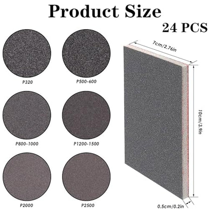 24pcs Sanding Sponge, 320-3000 Grit, Ultra Fine Wet Dry Flexible Hand Sanding Pads for Sander, 4" X 2.8" X 0.2" Foam Sand Paper Block Assortment Kit for Drywall, Metal, Wood, Model Polishing