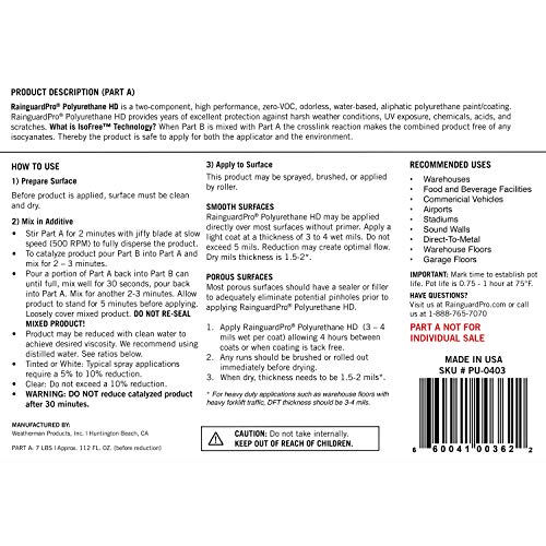 Rain Guard Water Sealers PU-0403 Polyurethane HD IsoFree Clear 2-Part Gloss Finish Ready to USE Covering up to 300 Sq. Ft on New and Older Surfaces. 1 Gallon Kit A and B, Masonry Sealer, Wood Sealer - color: Clear Gloss, size: 1 Gallon (300 Sq. Ft.)