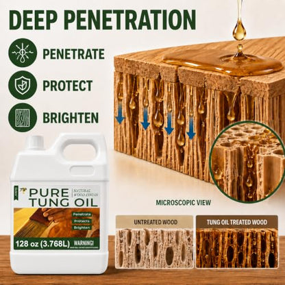 128oz 100% Pure Tung Oil, Food Safe Waterproof Wood Finish with Easy Cloth - size: 128 Fl Oz