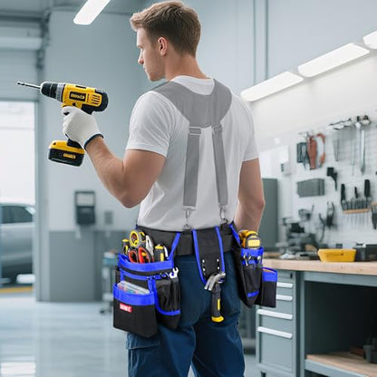 Tool Belt with 4 D-Rings,27-Pockets Tool Belts for Men,Construction - color: Blue & Black, size: 27 Pockets