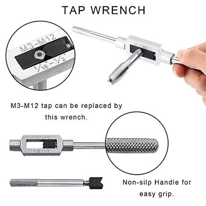 JONMON 8Pcs Metric Thread Machine Tap Set, M3-M12 Hand Screw Thread Plug Taps with Adjustable Thread Reamer Wrench Milling Machine Tapping Tool Kit for Woodworking and Machinery Repair