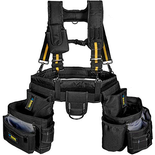Comfortable Tough Thick 7-Piece Tool Belt with Suspenders 21 Pockets and Loops,1680D Denier Fabric Heavy Duty Tool Belts with Carry Handles, Fits Waists 36-49In