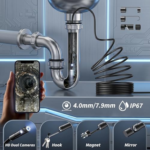 Dual-Lens Endoscope Camera with Light, 1920P HD Borescope