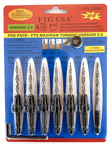 FTG USA 6Pc #10(3/16") Countersink Drill Bits and 1 Replacement Tapered Bit - size: #10 (3/16"), style: 6 Bits w/cutter + 1 Bit w/o cutter
