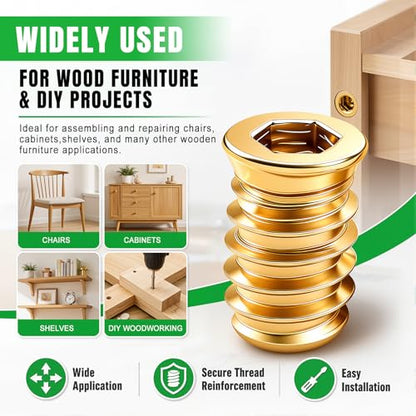 Twidec/22PCS 3/8-16 Threaded Inserts for Wood Furniture Screw-in Nut Wood Inserts Bolt Assortment Kit with Hex Wrench and Drill Bit(3/8-16x20mm) - size: 3/8"-16x20mm