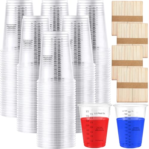 200 PACK Plastic Measuring Cups 8 oz, Disposable Mixing Cups with 200 Pieces Mixing Sticks, Graduated Liquid Measuring Cups for Epoxy Resin, Paint, Mixing, Art DIY