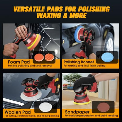 Cordless Car Buffer Polisher kit, DA Polisher with 2*21V Batteries - color: Red