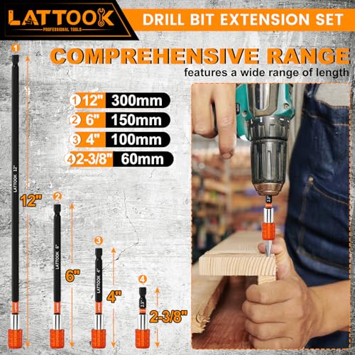 4-Pieces Drill Bit Extension Set (2-3/8", 4", 6", 12'' Long)