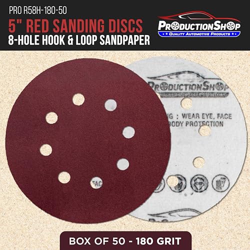 ProductionShop Premium 5" Red 8-Hole Pattern 180 Grit Sanding Discs, Box of 50 - Dustless Hook & Loop Backing Sandpaper for Random Orbital Sanders, Fine-Cut Abrasive - Woodworking, Sand Auto Paint - style: 180 Grit