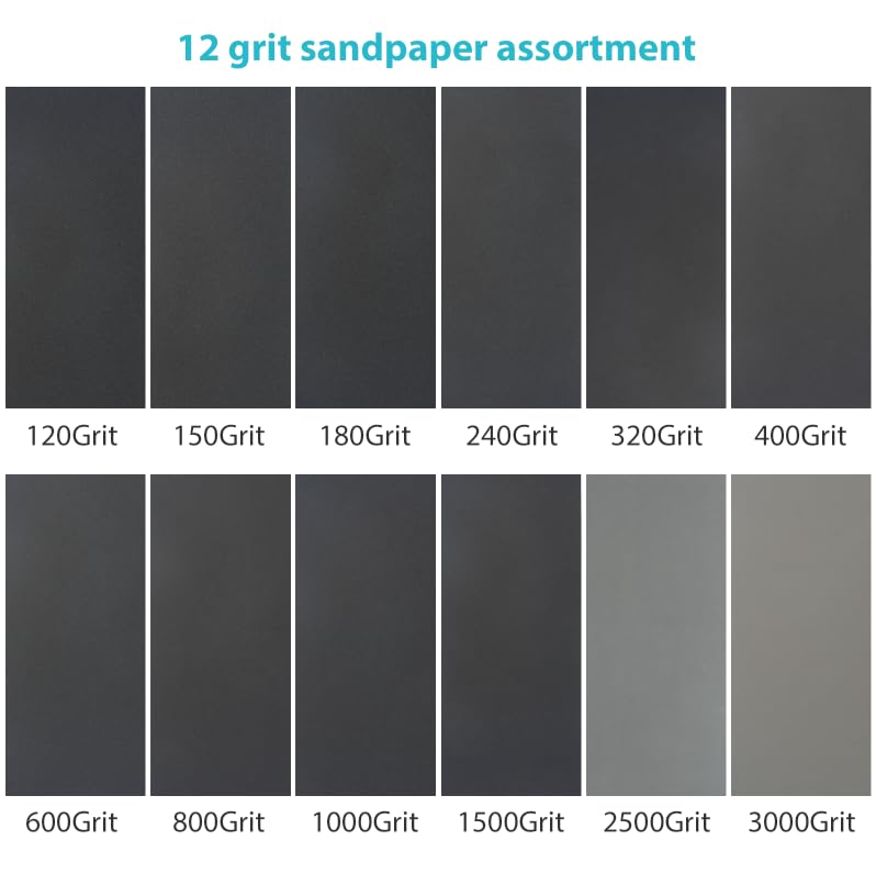 24 PCS Sand Paper, Wet Dry Sand Paper Variety Pack Sandpaper 12 Grits Assorted for Wood Metal Sanding, 120/150/180/240/320/400/600/800/1000/1500/2500/3000 Grit