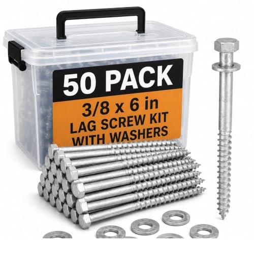 50 Pack 3/8''x6'' Lag Screw Kit with Washers, Hot Dipped Galvanized Hex Lag Bolts Heavy Duty Hex Head Wood Screws, Rust Resistant Exterior Fasteners for Wood Deck Fence - size: 3/8''x6''