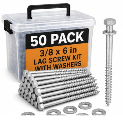 50 Pack 3/8''x6'' Lag Screw Kit with Washers, Hot Dipped Galvanized Hex Lag Bolts Heavy Duty Hex Head Wood Screws, Rust Resistant Exterior Fasteners for Wood Deck Fence - size: 3/8''x6''