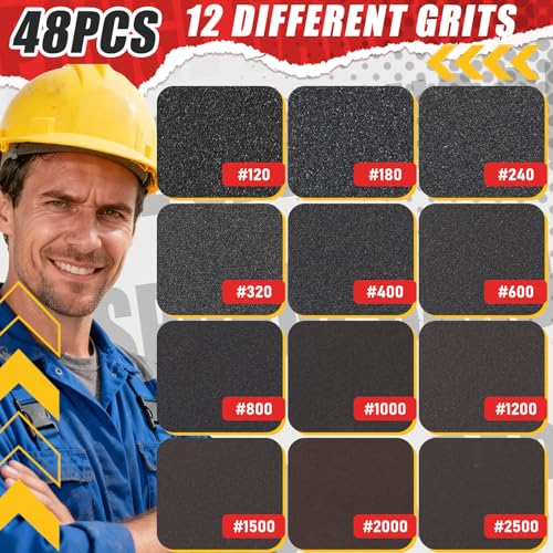 48 Pcs Sanding Sponge 3x4 Inch 120/180/240/320/400/600/800/1000/1200/1500/2000/2500 Grit Sandpaper Assortment, Wet/Dry Sandpaper,Reusable Sanding Blocks for Wood, Metal, Drywall,Polishing