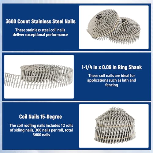 3600 Count Stainless Steel Siding Nails 15-Degree Collated Wire Coil 1-1/4 Inch, 0.09 Inch Ring Shank Siding Nails - size: 1-1/4 Inch x 0.09 Inch