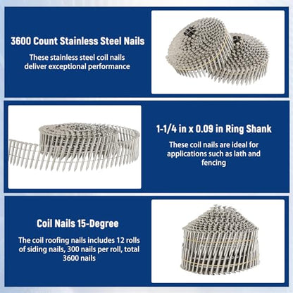 3600 Count Stainless Steel Siding Nails 15-Degree Collated Wire Coil 1-1/4 Inch, 0.09 Inch Ring Shank Siding Nails - size: 1-1/4 Inch x 0.09 Inch