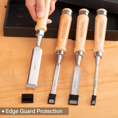 HAUTMEC Long Wood Chisel Set for Woodworking, 4-Piece Professional Wood Chisels with 60CR-V Steel Blades and Beech Handles for Carpenters, Framing & Mortise (1/4", 1/2", 3/4", 1")