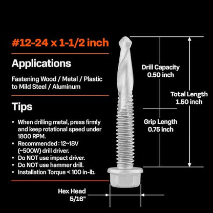 SUNKIN 192PCs Self Tapping Screws for Metal, Hex Head #12 x 1-1/2 Inch, Self Drilling for Thick Steel, Less Effort Installation, Long Lasting Anti Rust Coating - size: #12 x 1-1/2 inch (192pcs)