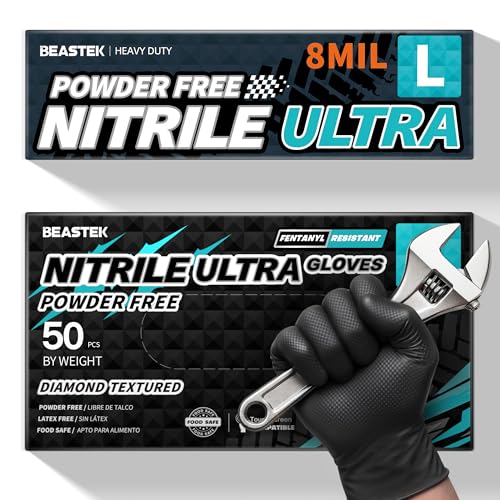 BEASTEK Nitrile Disposable Gloves, 8Mil Latex & Powder Free Chemical Resistant Heavy Duty Food Safe Diamond Glove Black 50Pcs - color: Large (Black)