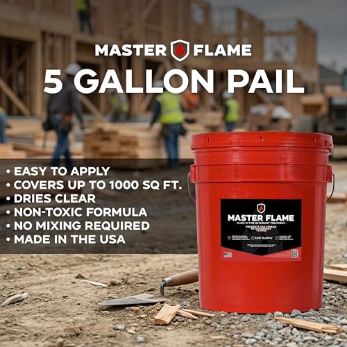 Master Flame Class A Fire Retardant Spray for Wood, Fabric, Cotton & More - Non-Toxic Flame Retardant Coating - Meets NFPA 701 & ASTM E84 - Made in USA - Easy to Apply and Dries Clear - 5 Gallon Pail - style: 5 Gallon Pail