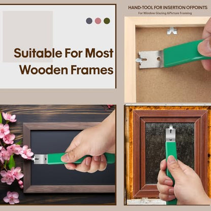 Glazier Point Driver Tool with 200 Glazing Points & 2 Finger Cots - for Framing Glass, Pictures, Cross Stitch - Rust-Resistant Iron/Zinc Push Points, Easy-Grip Handle - color: Green