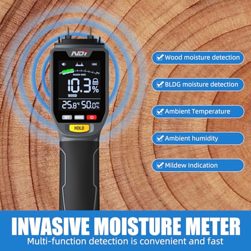 NDI 4 in 1 Pin Moisture Tester, Digital Water Tester, Wood Moisture Meter, Backlit LCD Display Automatic Alarm, Low-battery Indicator, Calibration & HOLD Button for Wood Firewood Lumber Floors