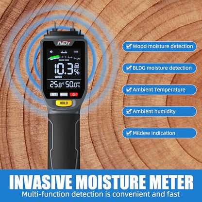 NDI 4 in 1 Pin Moisture Tester, Digital Water Tester, Wood Moisture Meter, Backlit LCD Display Automatic Alarm, Low-battery Indicator, Calibration & HOLD Button for Wood Firewood Lumber Floors