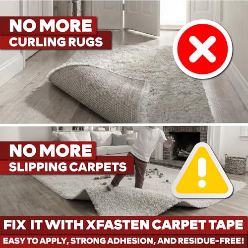XFasten Double-Sided Carpet Tape for Area Rugs, 2 Inch x 30 Yards- 6 Packs (540 Ft), Heavy Duty Grippy Residue-Free Silicone Adhesive Keeps Rugs in Place on Hardwood, Laminate and Tile Floors - size: 2-inch x 30 yards - 6 packs (540 ft)
