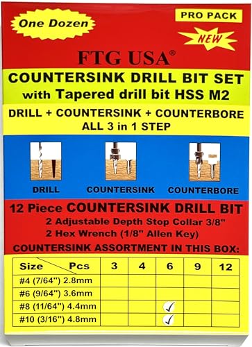 FTG USA 6 Pc #8 (11/64") 6 Pc #10 (3/16") Tapered Countersink Drill Bit Set - size: #8#10, style: Same Sort 6 Pc
