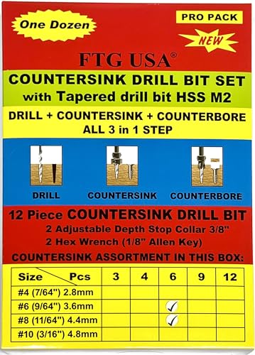 FTG USA 6 Pc #6 (9/64") 6 Pc #8 (11/64") Tapered Countersink Drill Bit Set - size: #6#8, style: Same Sort 6 Pc