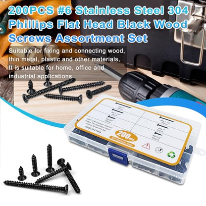 200PCS #6 Black Wood Screws Assortment Kit, 304 Stainless Steel Screws, Drive Sheet Metal Self Tapping Screws with Screwdriver Bit, 6 Sizes (2”,1-1/2”,1-1/4”,1”,3/4”,1/2”) - style: Black #6 Flat Head Set 200PCS
