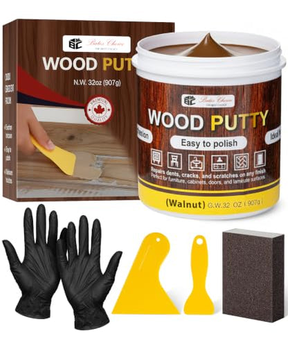 Bates- Wood Filler Putty Repair Kit, 32 Ounce, 2 Scrapers, 1 Sanding Block, 1 Pair of Gloves, Walnut Wood Putty Filler Paintable & Stainable for Cracks, Holes and Defects in Wooden Furniture