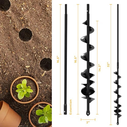 Auger Drill Bit for Planting 2x32'' - with Extension -3/8'' Hex Drive Drill - size: 2" x 32" (With Extension)