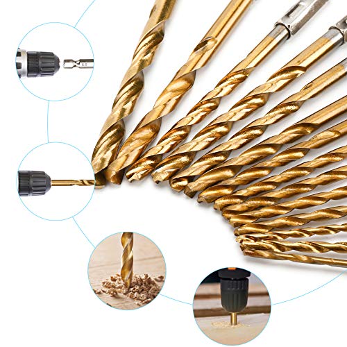 19 Pcs HSS Titanium Twist Drill Bit Set - 1/16"-1/4" Hex Shank Quick Change