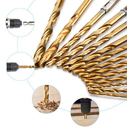 19 Pcs HSS Titanium Twist Drill Bit Set - 1/16"-1/4" Hex Shank Quick Change