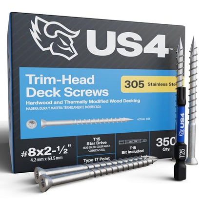 US4 - #8 x 2-1/2" - Trim Head T15 Star Drive Stainless Steel Wood Screws | 305 Stainless Steel | | Rust & Corrosion-Resistant | Outdoor Decking Screws (350, #8 x 2-1/2 Inches) - size: #8 x 2-1/2"