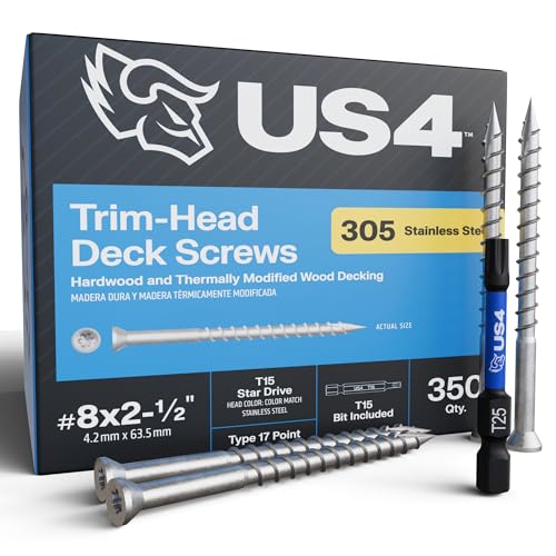 US4 - #8 x 2-1/2" - Trim Head T15 Star Drive Stainless Steel Wood Screws | 305 Stainless Steel | | Rust & Corrosion-Resistant | Outdoor Decking Screws (350, #8 x 2-1/2 Inches) - size: #8 x 2-1/2"