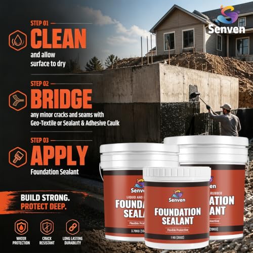 SENVEN Foundation Sealant, 35oz Rubber Silicone Waterproof Sealant Basement and Foundation Sealant, Black, Waterproof Concrete Sealer & Crack Filler - Flexible Waterproof Coating Indoor Outdoor