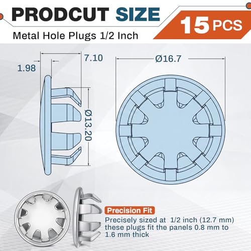 Hicarer 15 Pack Fit 1/2"(12.7mm) Hole Metal Hole Plugs - color: Silver, size: 1/2 Inch (12.7 Mm)