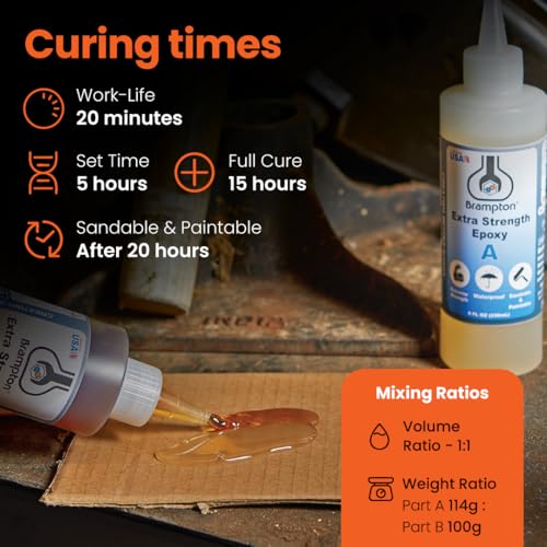 Brampton Extra Strength Epoxy, 20-Minute Work Life, Waterproof 2-Part Epoxy Glue Kit for Tile, Metal, Ceramic, Glass, Wood, Stone, Strong Bonding, Sandable, Paintable Resin, Easy 1:1 Mix, 8 oz - style: 8 FL OZ KIT