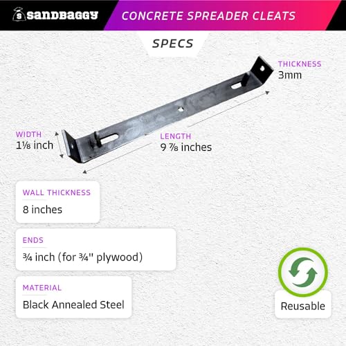 Sandbaggy 8" Concrete Spreader Cleats - ¾ Plywood - Form Clips - Black Annealed Steel - Maintains Consistent 8 inch Wall Thickness (8" x 3/4", 80) - size: 8" x 3/4"