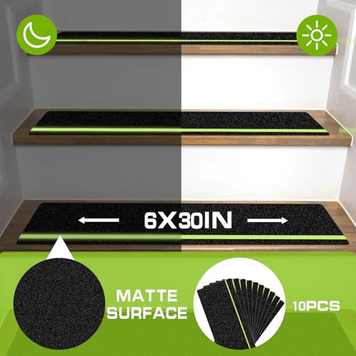 LadyRosian Outdoor Stair Treads Non Slip 10-Pack Black Glow 6" x 30" - Weather Resistant Adhesive Heavy Grip Tape - Waterproof Anti Skid Strips- Glow in The Dark 80-Grit Adhesive Treads - color: Dark, size: 6" x 30"