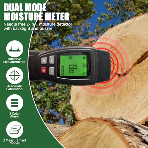 Dual Mode Moisture Meter for Wood and Building Materials, Pin & Pinless 2-in-1 Moisture Detector with Backlight & Buzzer, Digital Water Leak Tester for Hardwood, Softwood, Drywall & Masonry